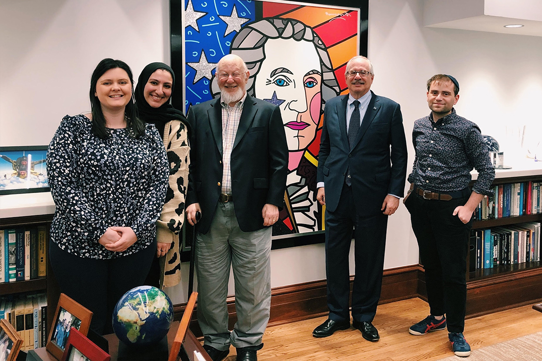  From left, Hannah Navarro, Shereen Ayoubi, Dr. Richard Ruth, GW President LeBlanc and Dr. Samuel Salamon