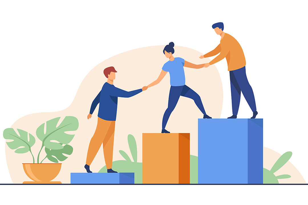 Illustration of three people standing on different levels of platforms, helping each other up