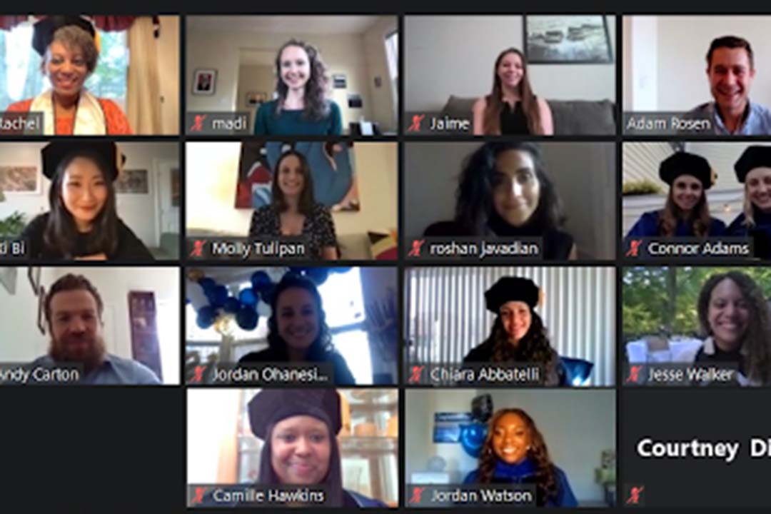 Program students during the online doctoral hooding ceremony via webinar